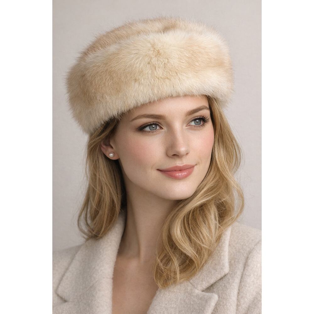 Vintage F.J. Sergi Ivory Mink Fur Hat Couture Utica NY Winter Cap